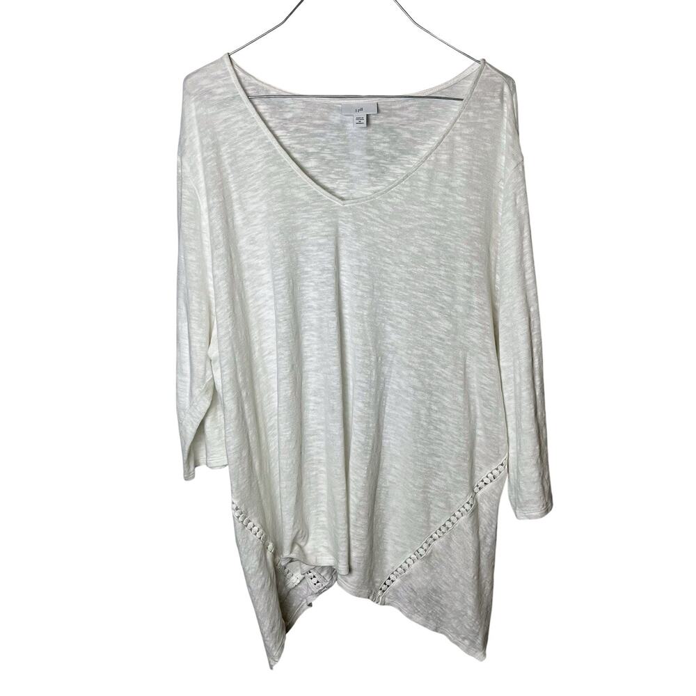 J. Jill Women’s 3X Linen Cotton‎ Blend White Top V Neck Eyelet Asymmetrical Hem